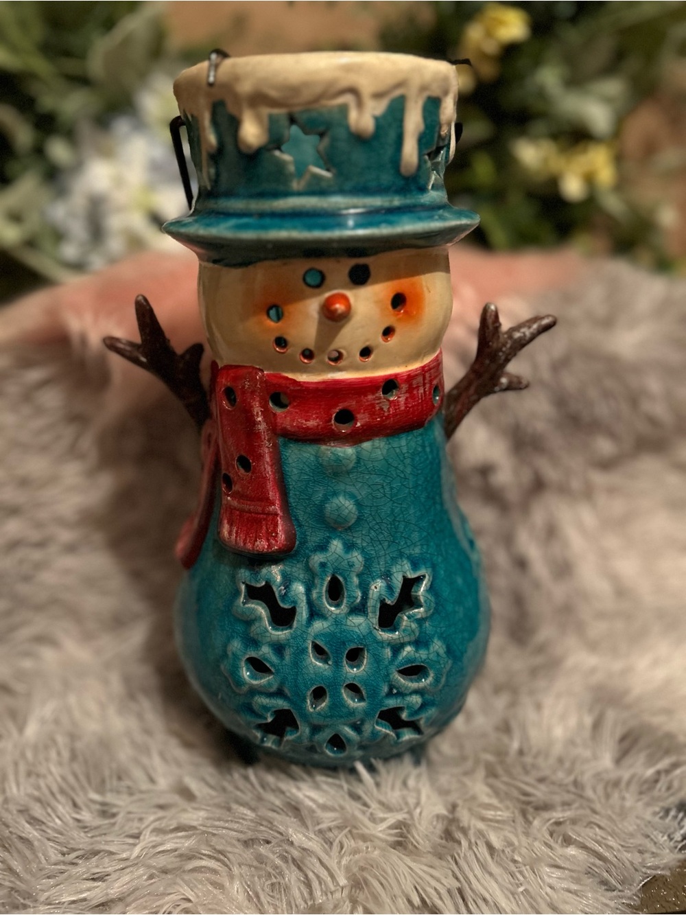 Handcrafted Teal Snowman Holiday Candle Holder - Unbranded